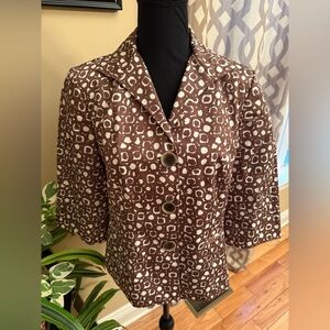 Lafayette 148 Blazer Women's Size 6 Brown Ivory Jacket 3/4 Sleeve Button Cotton